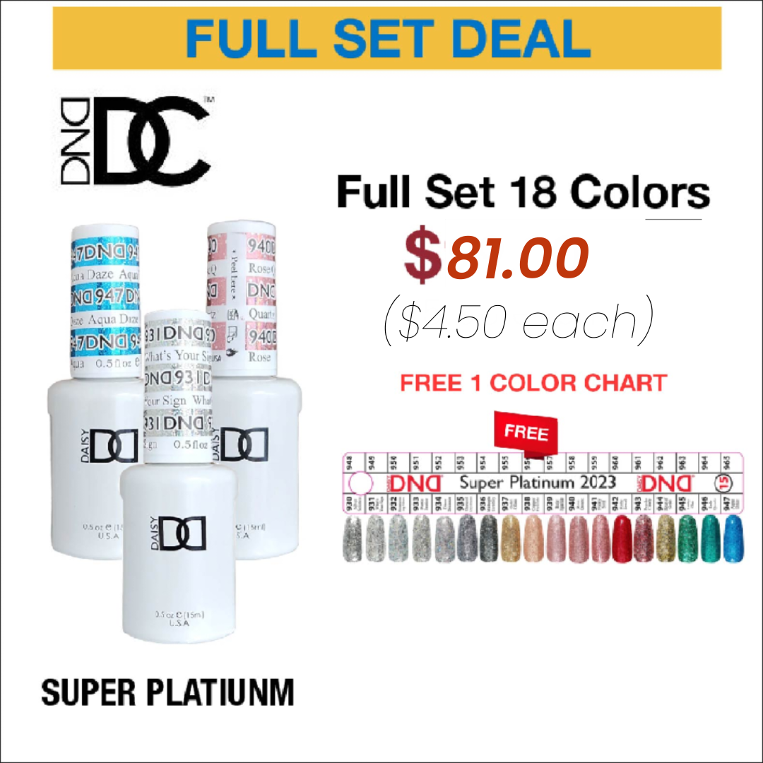DND Super Platinum Gel Collection 0.5oz - Full set 18 Colors #930 - #947 w/ Color Chart - $4.50 EACH
