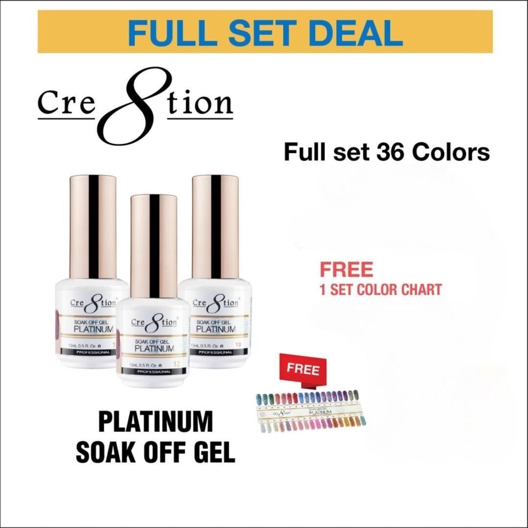 Cre8tion Platinum Soak Off Gel 0.5oz - Full Set 36 colors & 1 Free Color Chart - $7 each