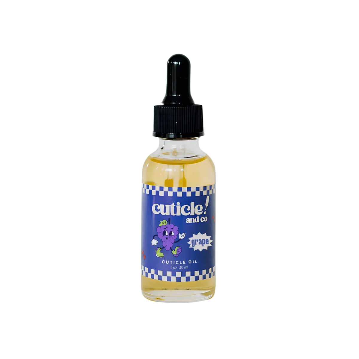 A bottle of grape cuticle oil by cuticle! and co. The clear glass bottle shows the golden-yellow oil inside, with a blue and white checkered label featuring a purple grape illustration.