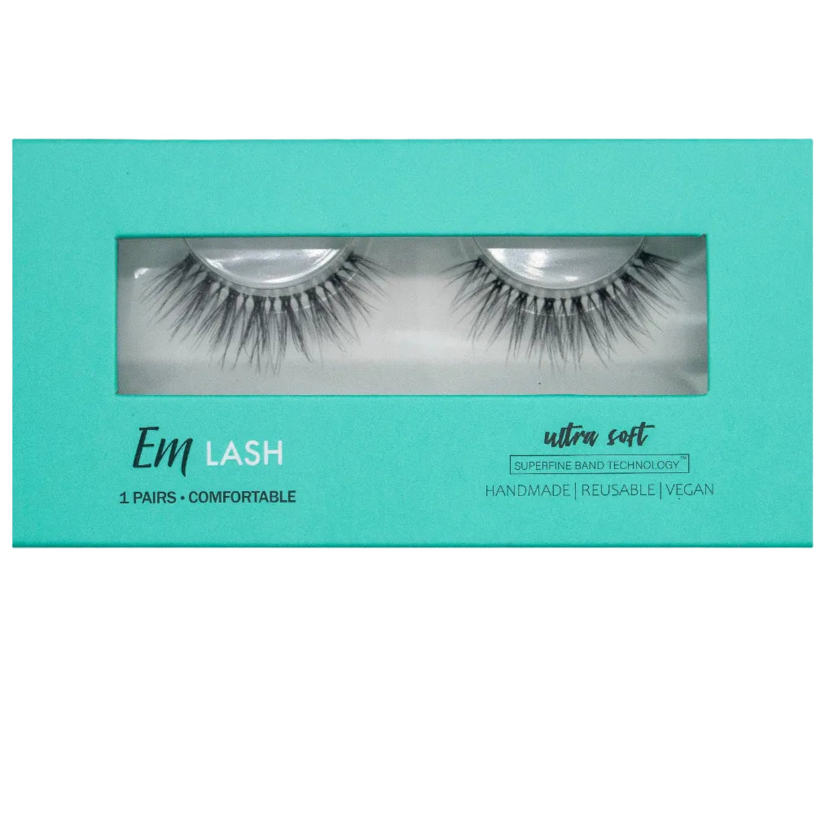 A pair of black false eyelashes in a mint green rectangular box labeled 'Emi Lash' on a light gray background.