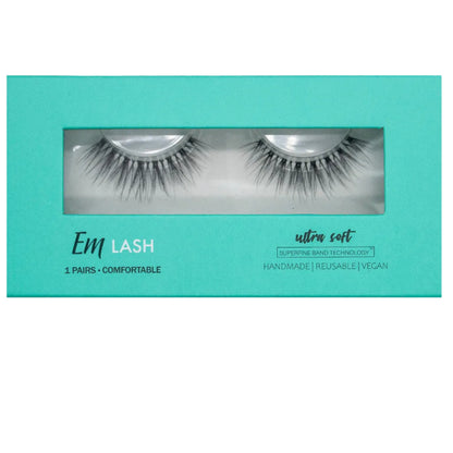 A pair of black false eyelashes in a mint green rectangular box labeled 'Emi Lash' on a light gray background.