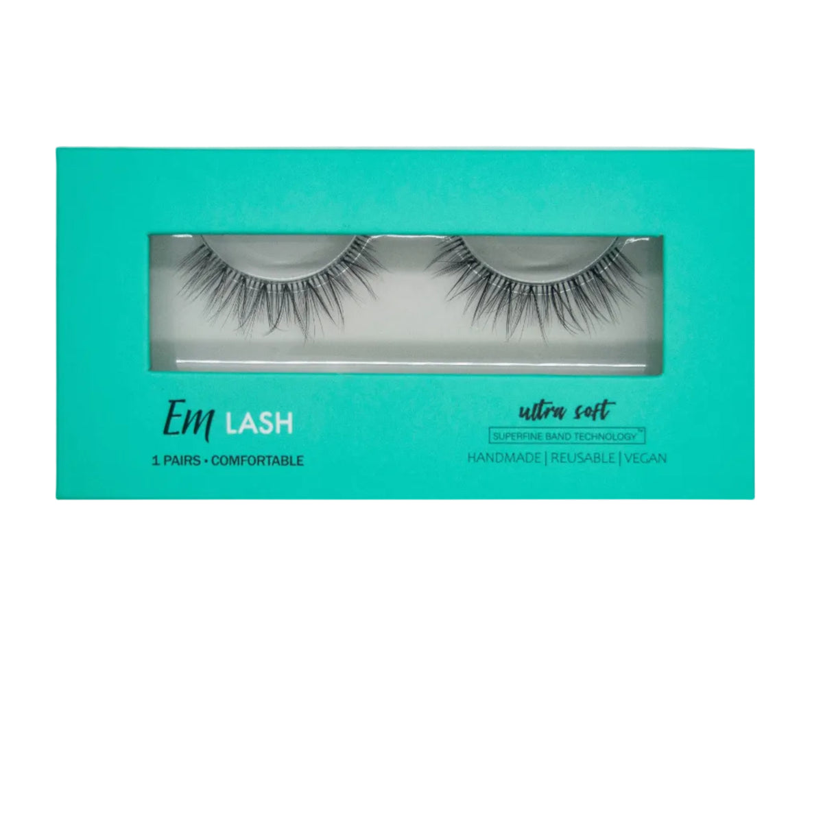 Em Lash ultra cute false eyelashes in a turquoise and white box, shown against a light gray background.