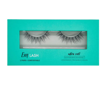 Em Lash ultra cute false eyelashes in a turquoise and white box, shown against a light gray background.