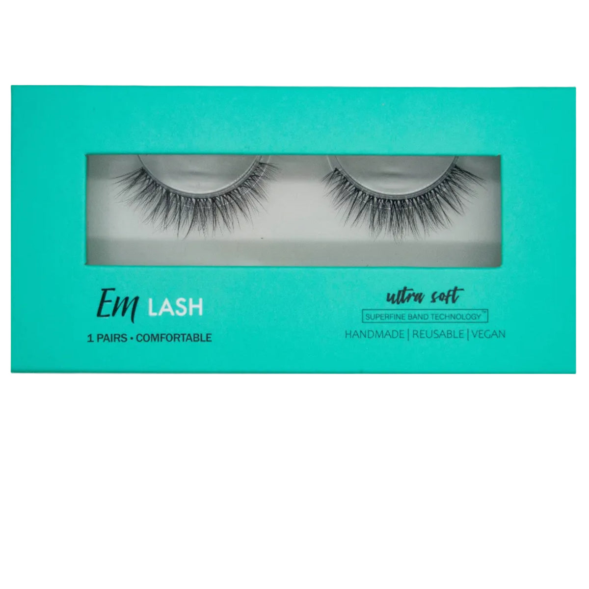 Em Lash false eyelashes in a turquoise window box package, shown against a light gray background.