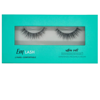 Em Lash false eyelashes in a turquoise window box package, shown against a light gray background.