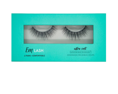 Em Lash ultra soft false eyelashes in a turquoise rectangular box with a clear window showing the lashes inside.
