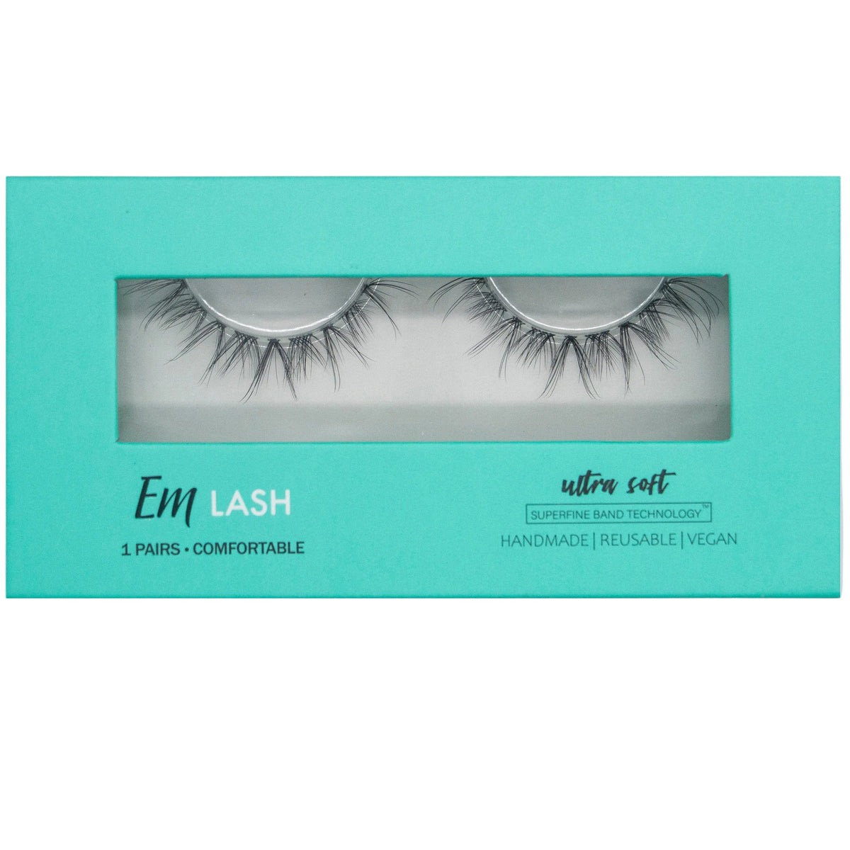 Em Lash ultra soft false eyelashes in a turquoise and white box, shown against a solid gray background.