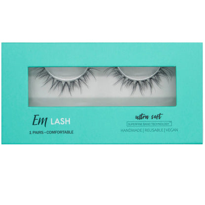 Em Lash ultra soft false eyelashes in a turquoise and white box, shown against a solid gray background.
