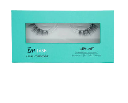Em Lash ultra soft 1-pair false eyelashes in a turquoise packaging box, shown against a solid gray background.