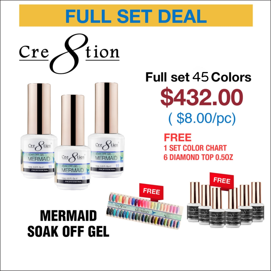 Cre8tion Mermaid Soak Off Gel 0.5oz - Full Set 45 colors w/ 6 Top Diamond 0.5oz & 1 set Color Chart - $8 each