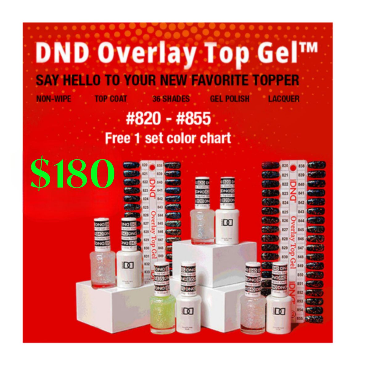 DND Duo - OVERLAY GLITTER TOP GEL Full Collection - 36 colors #820 - #855 - Free Color Chart - $5 each