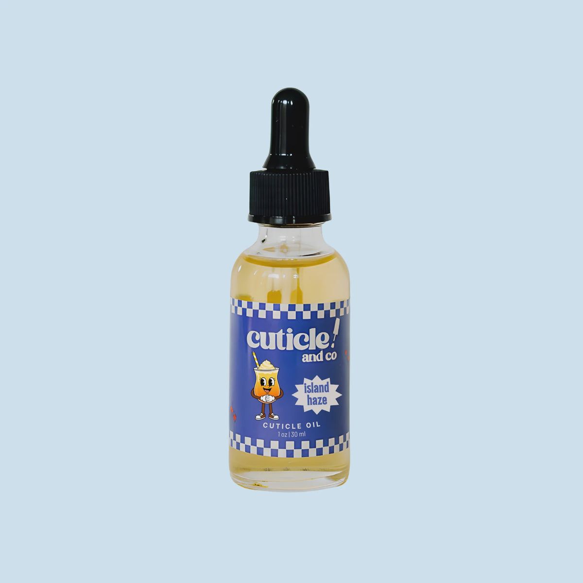 A bottle of cuticle oil with a black dropper cap and a blue label featuring the brand name 'cuticle! and co.' and a cartoon character, set against a solid light blue background.