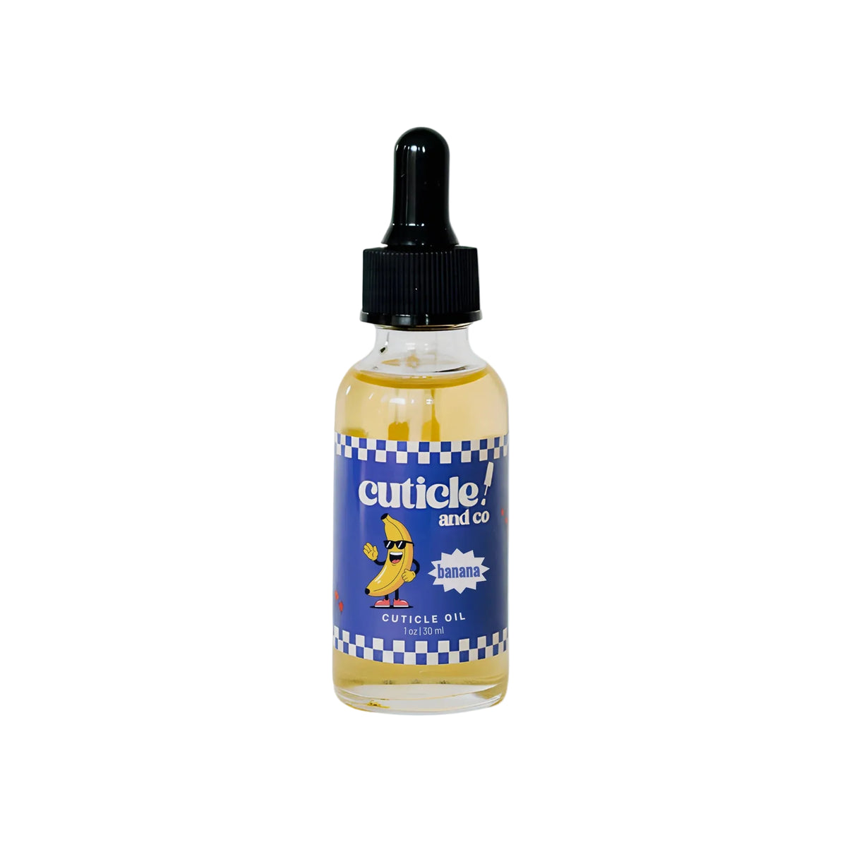 A bottle of cuticle oil with a black dropper cap and a blue label featuring a banana illustration and the brand name 'cuticle! and co.' on a light blue background.