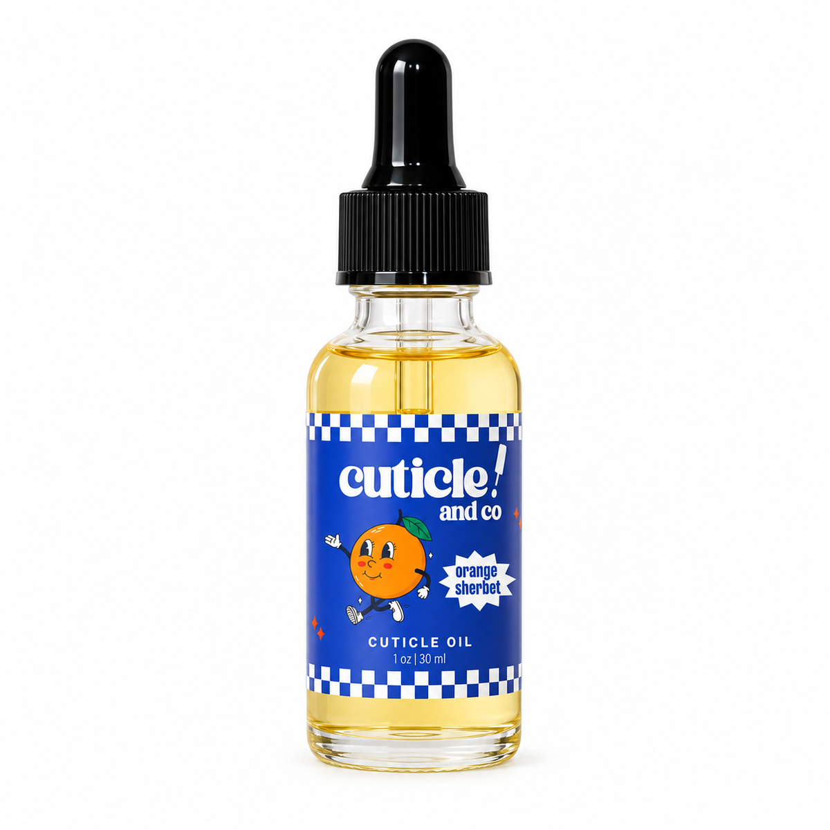 A 1 oz glass bottle of cuticle oil with a black dropper cap, featuring a blue label with a cartoon orange character and the brand name 'cuticle and co'.
