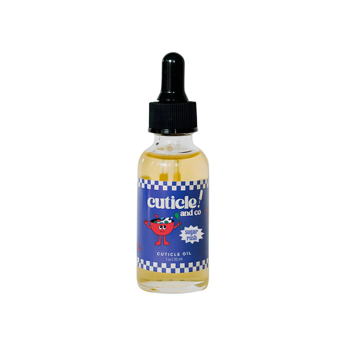 A bottle of cuticle oil with a black dropper cap and a blue label featuring the brand name 'cuticle and co' and a cartoon character, shown on a light blue background.