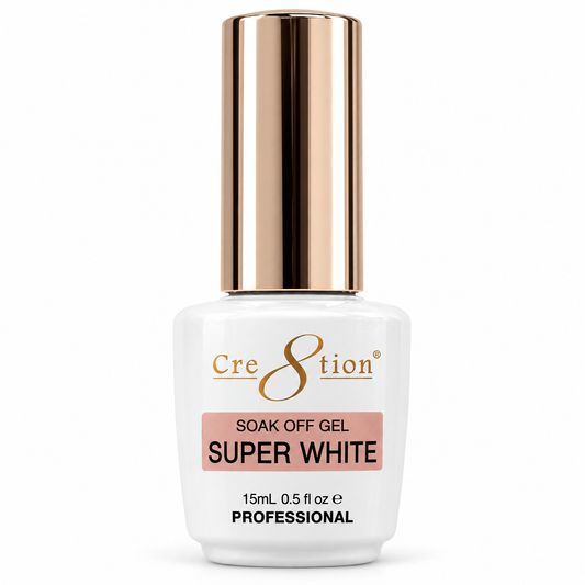 A bottle of Cre8tion Professional Soak Off Gel nail polish in the shade Super White. The bottle is white with a metallic rose gold cap, and the label features a dusty pink color block indicating the shade.