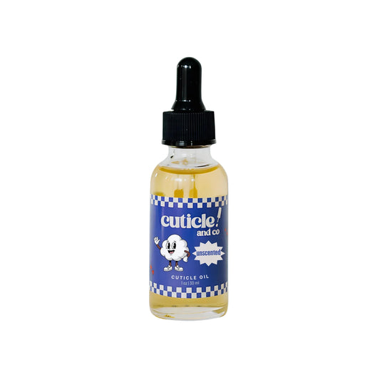 A bottle of Cuticle Oil by Cuticle! and Co. with a black dropper cap and a blue label, set against a solid light blue background.
