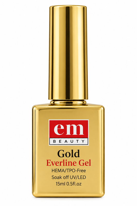 A bottle of em Beauty Gold Everline Gel nail polish with a shiny gold cap and gold bottle, featuring a red and white logo on a white background.