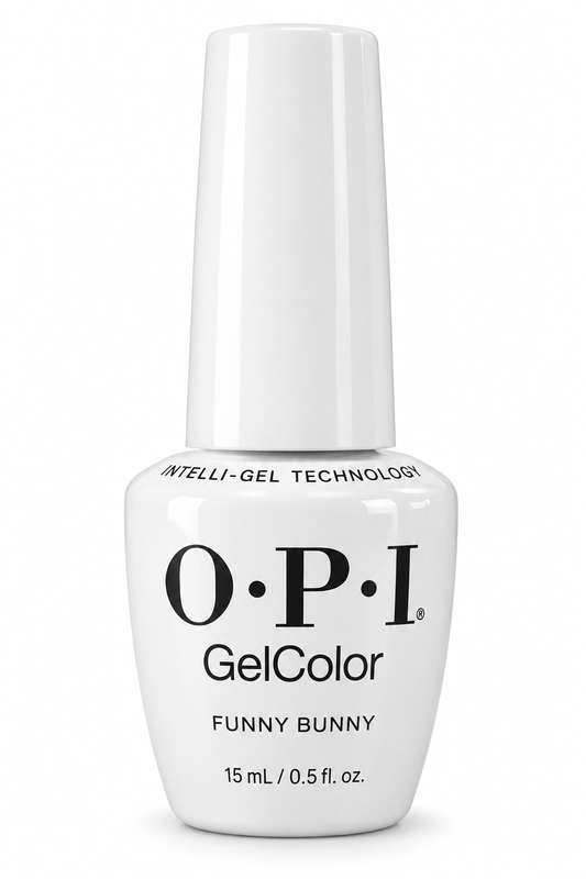 O.P.I GelColor Funny Bunny gel nail polish in a 15 mL white bottle with a white cap, on a clean white background.