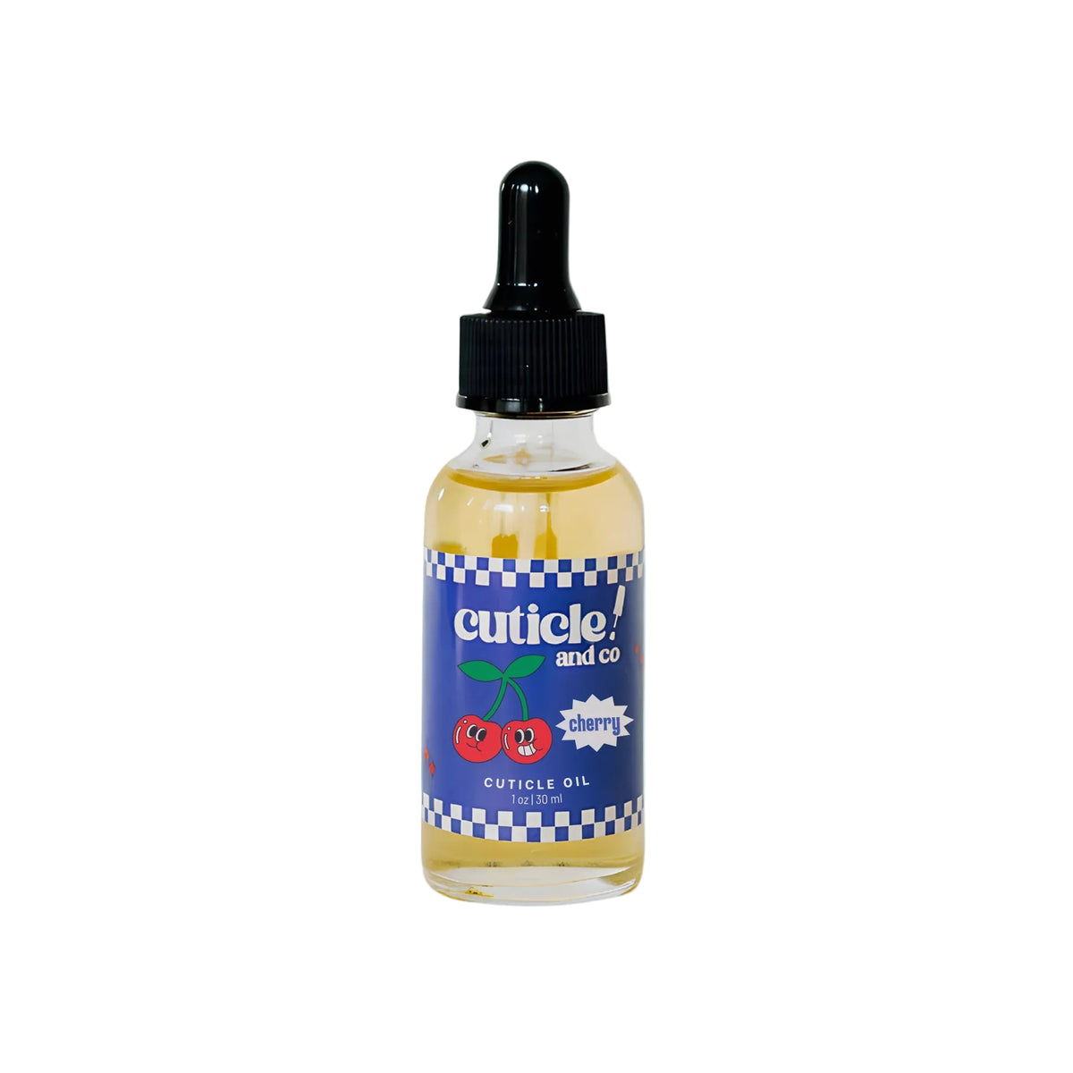A bottle of cherry petrole oil by cuticle and co. The clear glass bottle shows the golden-yellow oil inside, with a black dropper cap and a blue label featuring a cherry graphic.