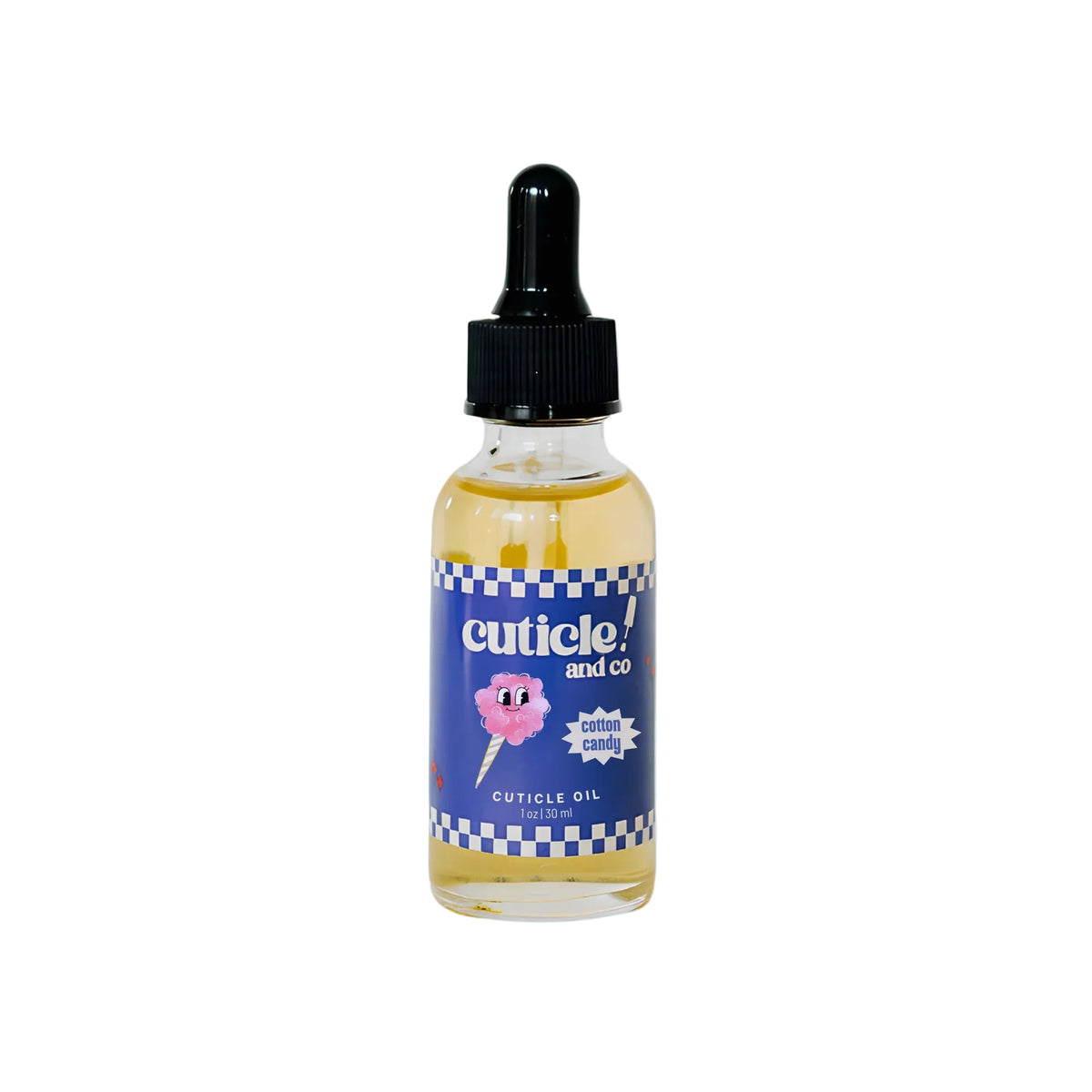A bottle of Cuticle Oil by Cuticle and Co. with a black dropper cap and a blue label featuring a pink cartoon lollipop, set against a solid light blue background.