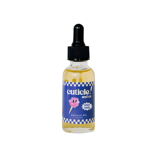 A bottle of Cuticle Oil by Cuticle and Co. with a black dropper cap and a blue label featuring a pink cartoon lollipop, set against a solid light blue background.