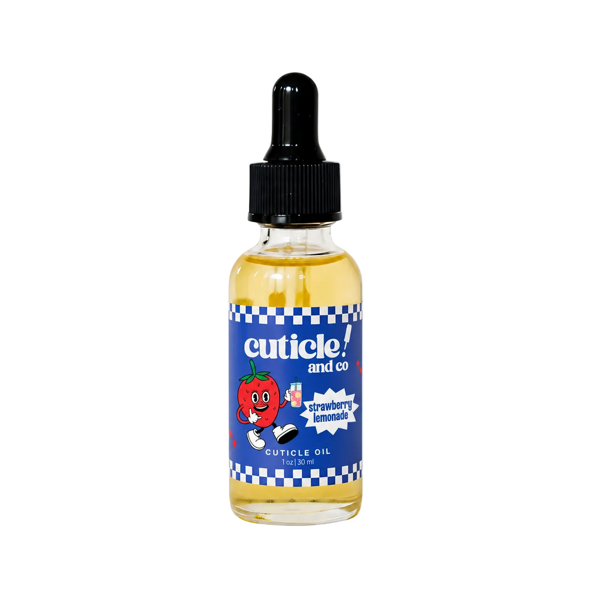 A bottle of cuticle oil with a black dropper cap and a blue label featuring a strawberry cartoon character, set against a solid light blue background.