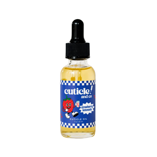 A bottle of cuticle oil with a black dropper cap and a blue label featuring a strawberry cartoon character, set against a solid light blue background.