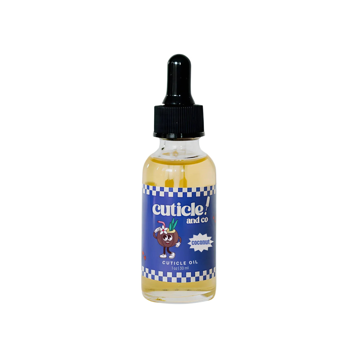 A bottle of Cuticle and Co Coconut Cuticle Oil with a black dropper cap and a blue label, centered on a light blue background.
