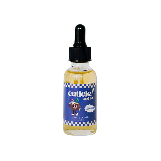 A bottle of Cuticle and Co Coconut Cuticle Oil with a black dropper cap and a blue label, centered on a light blue background.
