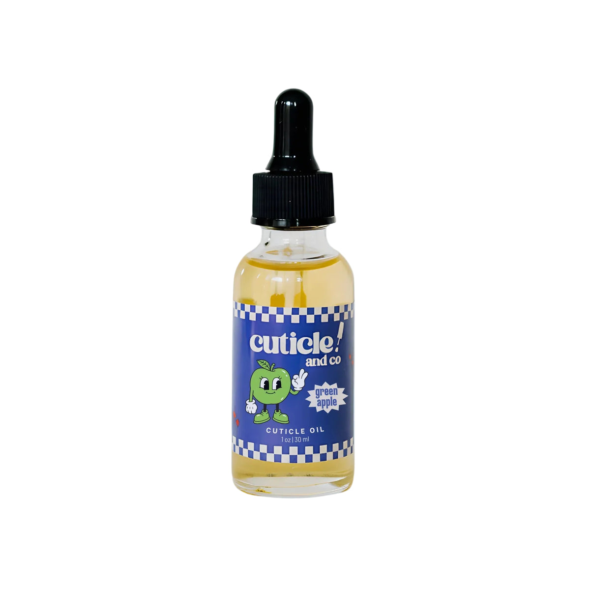 A bottle of Cuticle Oil by Cuticle! and Co. featuring a black dropper cap and a blue label with a green cartoon character, set against a solid light blue background.