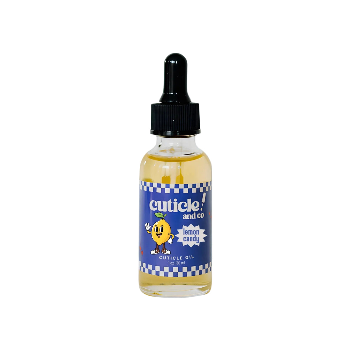 A bottle of cuticle oil with a black dropper cap and a blue label featuring a cartoon lemon character, set against a solid light blue background.