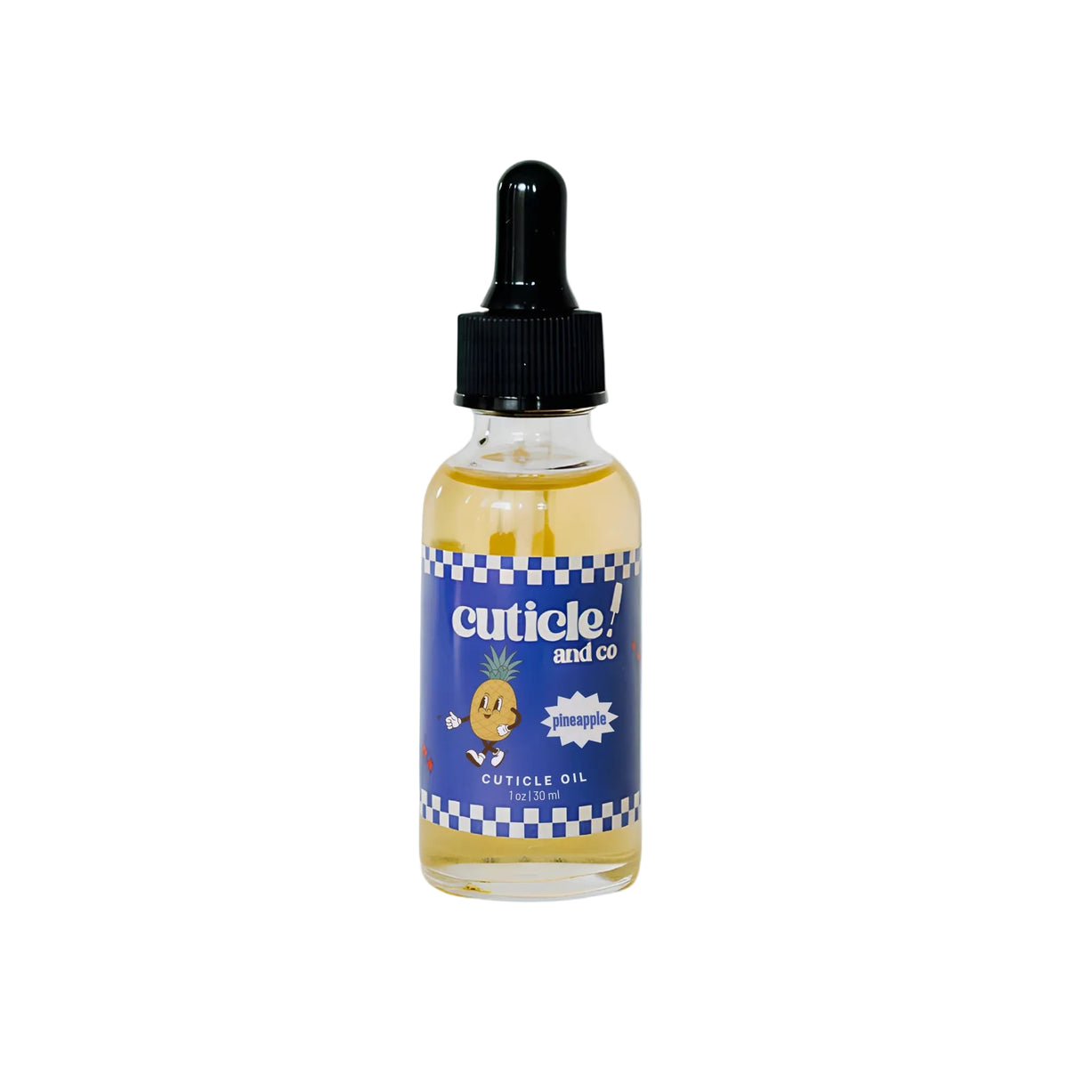 A bottle of cuticle oil with a black dropper cap and a blue label featuring the brand name 'cuticle! and co.' and a cartoon character, set against a solid light blue background.