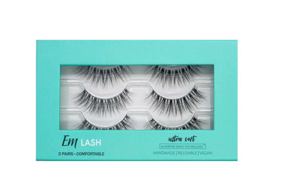 Em Lash ultra soft 3 pair false eyelashes in a mint green box with a clear window showing the lashes inside.