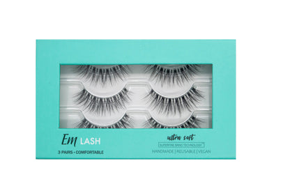 Em Lash ultra soft 3 pair false eyelashes in a mint green box with a clear window showing the lashes inside.