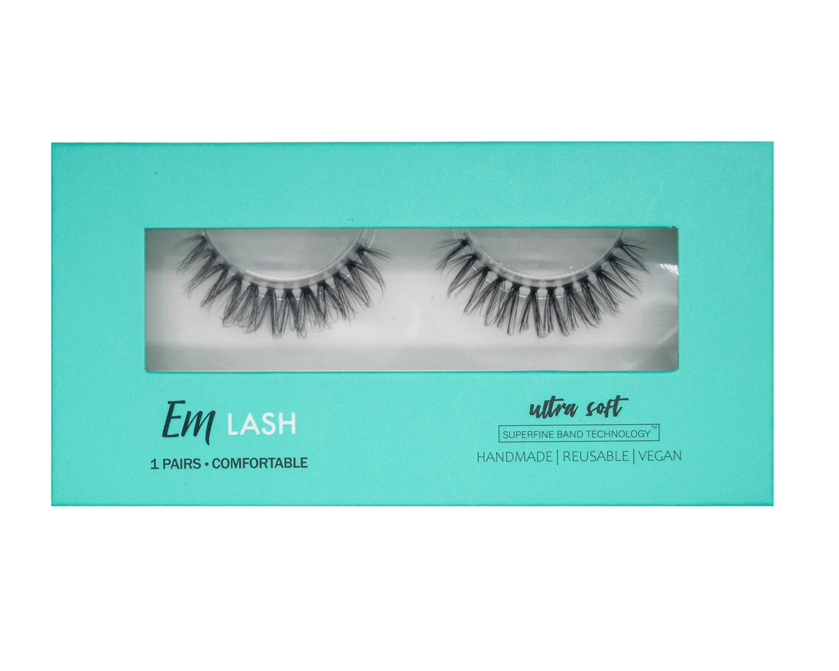 Em Lash ultra soft false eyelashes in a mint green box with a clear window showing the lashes inside.