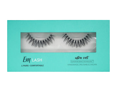 Em Lash ultra soft false eyelashes in a mint green box with a clear window showing the lashes inside.